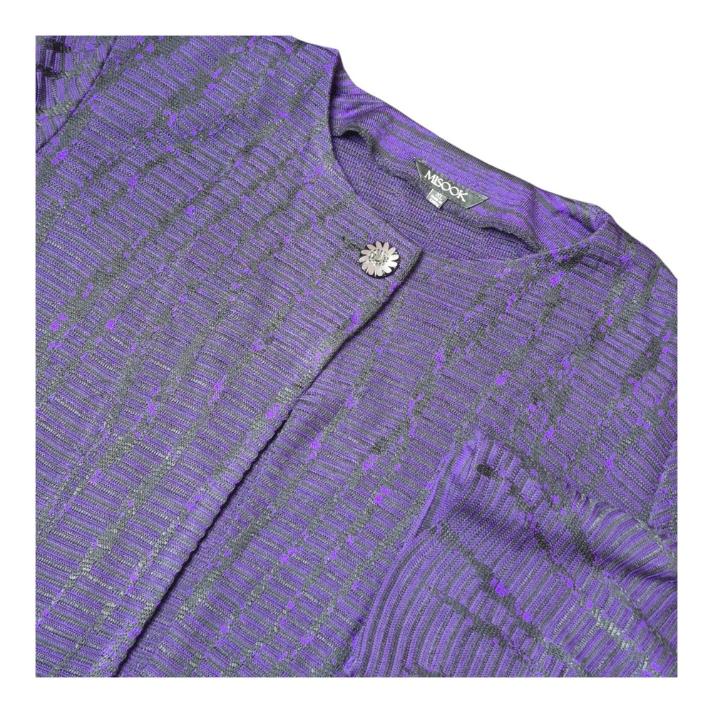 Misook Women's XL Knit Cardigan Jacket Purple Black 3/4 Sleeve Rhinestone